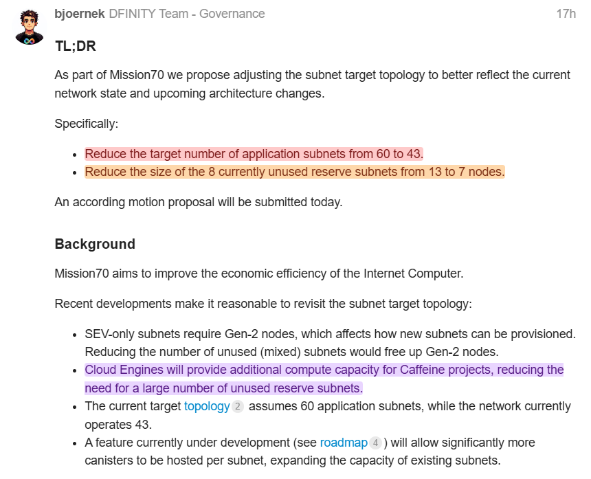 Zero2HeroZombie's tweet photo. Mission 70 on $ICP ♾
Proposal 140858 has been published on the NNS.

Cloud Engines will provide additional compute capacity for Caffeine projects, reducing the need for a large number of unused reserve subnets.

Therefore, DFINITY is proposing adjusting the subnet target topology to better reflect the current network state and upcoming architecture changes.

Specifically:

-Reduce the target number of application subnets from 60 to 43.
-Reduce the size of the 8 currently unused reserve subnets from 13 to 7 nodes.