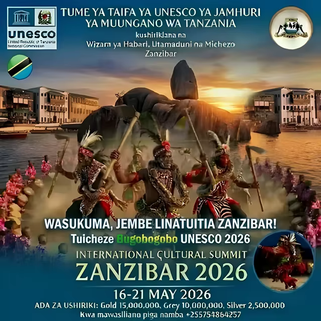 unesconatcomtz's tweet photo. INTERNATIONAL CULTURAL SUMMIT ZANZIBAR 2026"WASUKUMA, JEMBE LINATUITIA ZANZIBAR!"Tuicheze BugobogoboUNESCO NATCOM 2026
DATES: May 16 - 21, 2026
LOCATION: Zanzibar, Tanzania https://t.co/DcO68CBOba