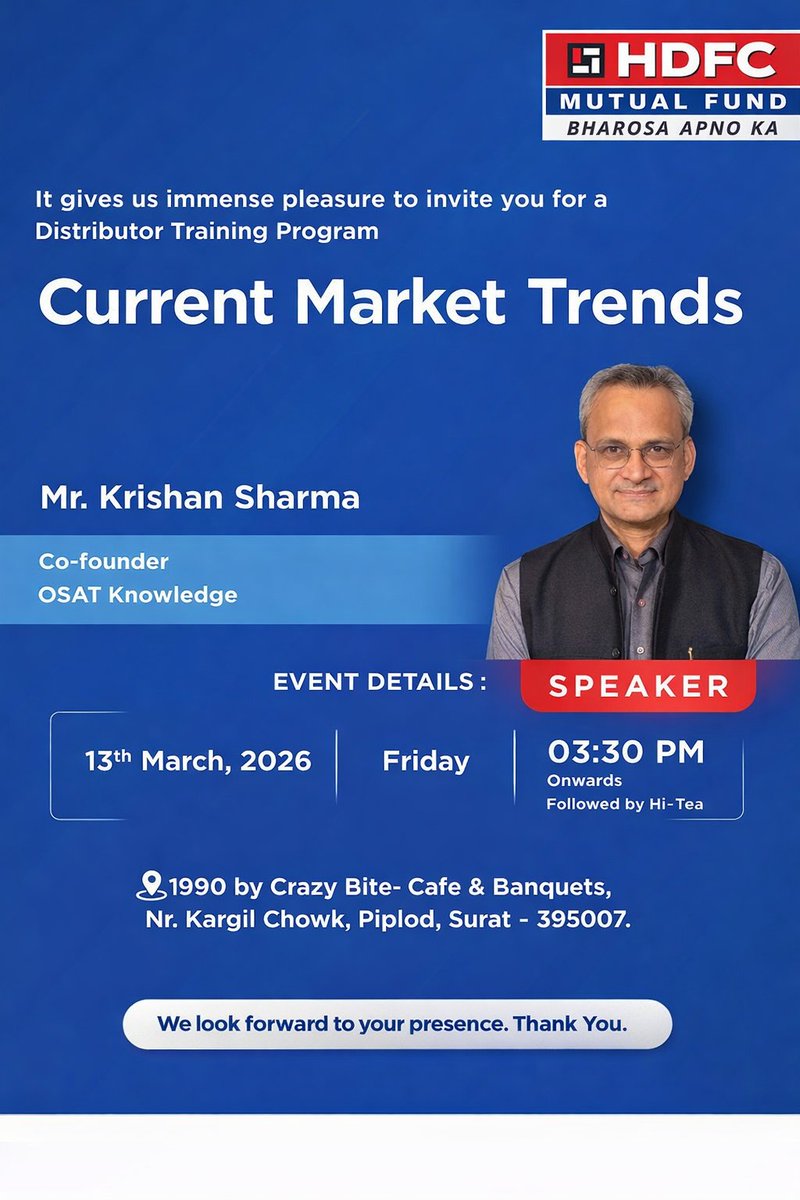 jiyawealth's tweet image. Learning never stops in Wealth Management! 📚📈

Yesterday attended an insightful Training Session by HDFC Mutual Fund on Current Market Trends.

#HDFCMutualFund #FinancialLearning #WealthManagement #MutualFundEducation #InvestorAwareness #FinanceProfessionals #SuratBusiness