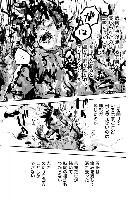 主人公は燃やされた時すさまじい描写で転げまわって瀕死になったというのに
(回復後に笑っててシグに精神の心配をされたけど) 