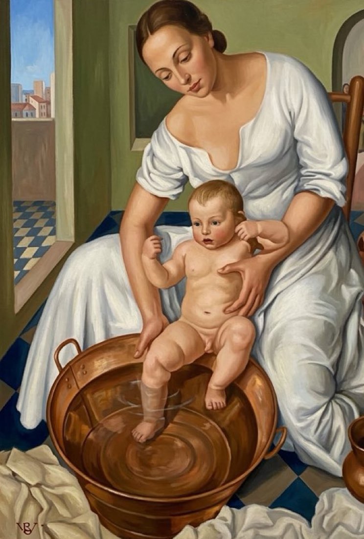 Os he contado que de “El baño” (1931), el primer gran éxito de ROSARIO DE VELASCO hoy en paradero desconocido que sigo buscando, solo conservo esta foto en blanco y negro. ¿Habrá acertado la IA con los colores que utilizó mi tía abuela? Gracias, <a href="/PanchoGarciaA/">Pancho</a> por la imagen 😍