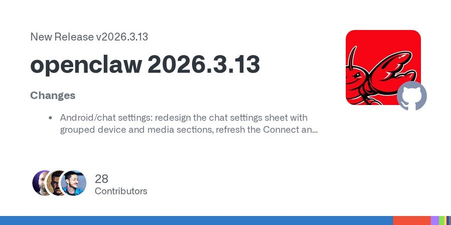 RoundtableSpace's tweet photo. -OPENCLAW 2026.3.13 UPDATE:

* Live Chrome session attach for real logins
* Redesigned Android app, now only 7MB
* iOS welcome pager added
* Docker timezone override
* Windows gateway improvements https://t.co/Q7bnRqUcbr