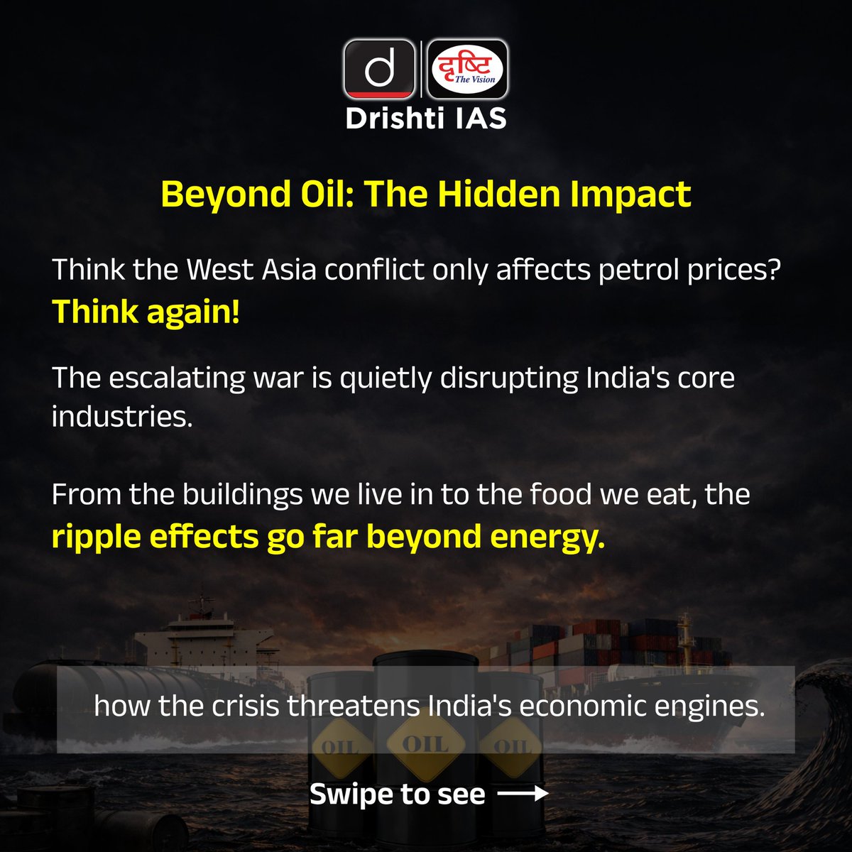 drishtiiaseng's tweet image. The West Asia conflict is more than just rising oil prices.
From cement and steel to farming and diamonds, the ripple effects could impact some of India’s key economic sectors.

#WestAsiaConflict #GlobalEconomy #IndiaEconomy #Geopolitics #CurrentAffairs #EconomicImpact