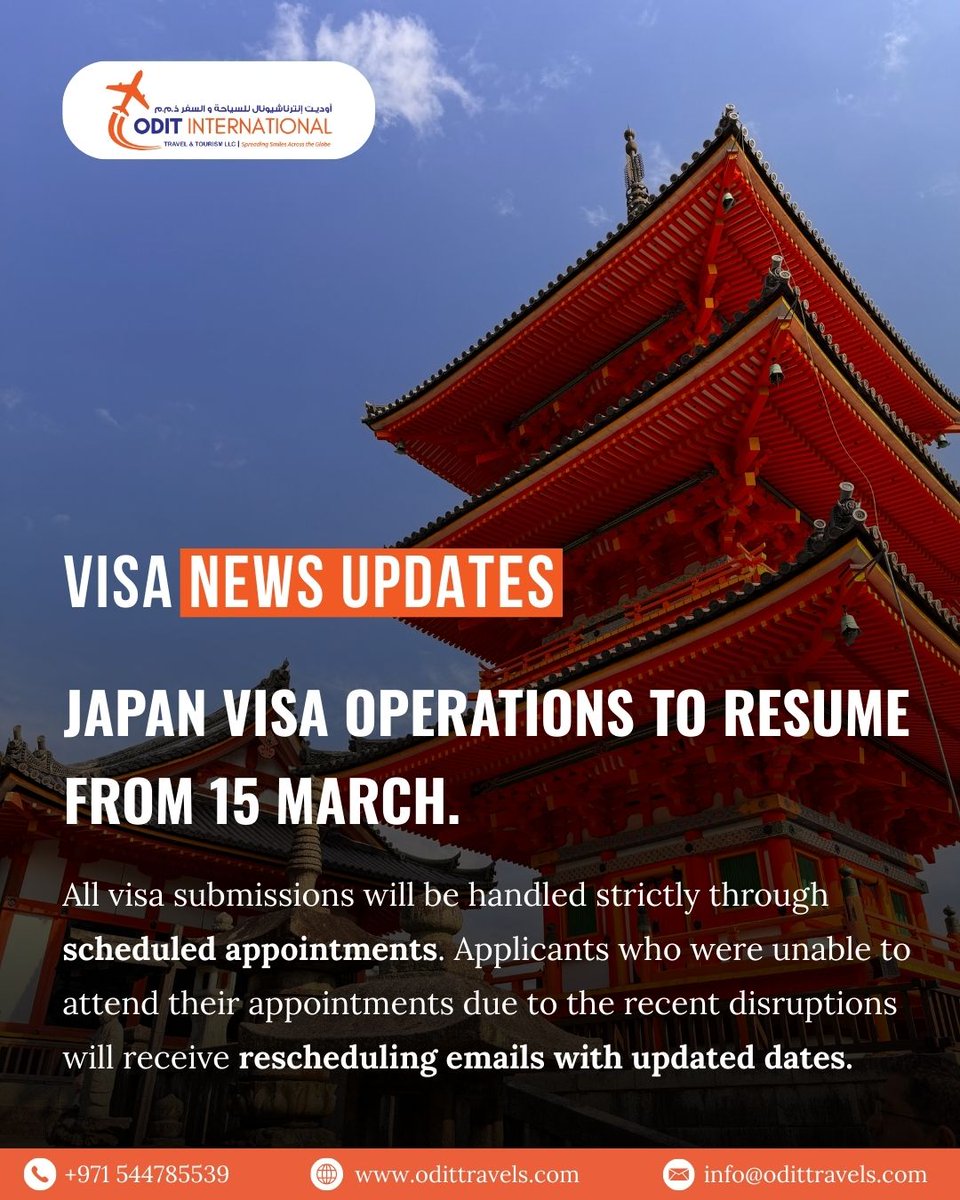 OditTravels's tweet photo. Visa operations for Japan are set to resume from 15 March, with the Embassy of Japan reopening and restarting visa processing.

Applicants will be able to submit their visa applications by scheduled appointments only. 
#odittravel #JapanVisa #JapanTravel #VisitJapan #VisaUpdate https://t.co/Dfont9Lpam
