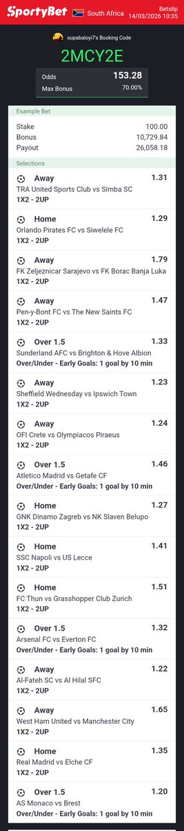 OupaBaloyi7's tweet photo. 16 Matches Train on SportyBet 📢

Booking Code: 2MCY2E
Tap the code ⬆️ or use the link below 👇🏾
🔗 https://t.co/4rjeD3NsO3

Join @SportyBet &amp; enjoy 1Up benefits. Sign up 📲 https://t.co/eCAPC8UTOO

18+ | T&amp;Cs Apply | Bet responsibly https://t.co/AnbhTh7aoL