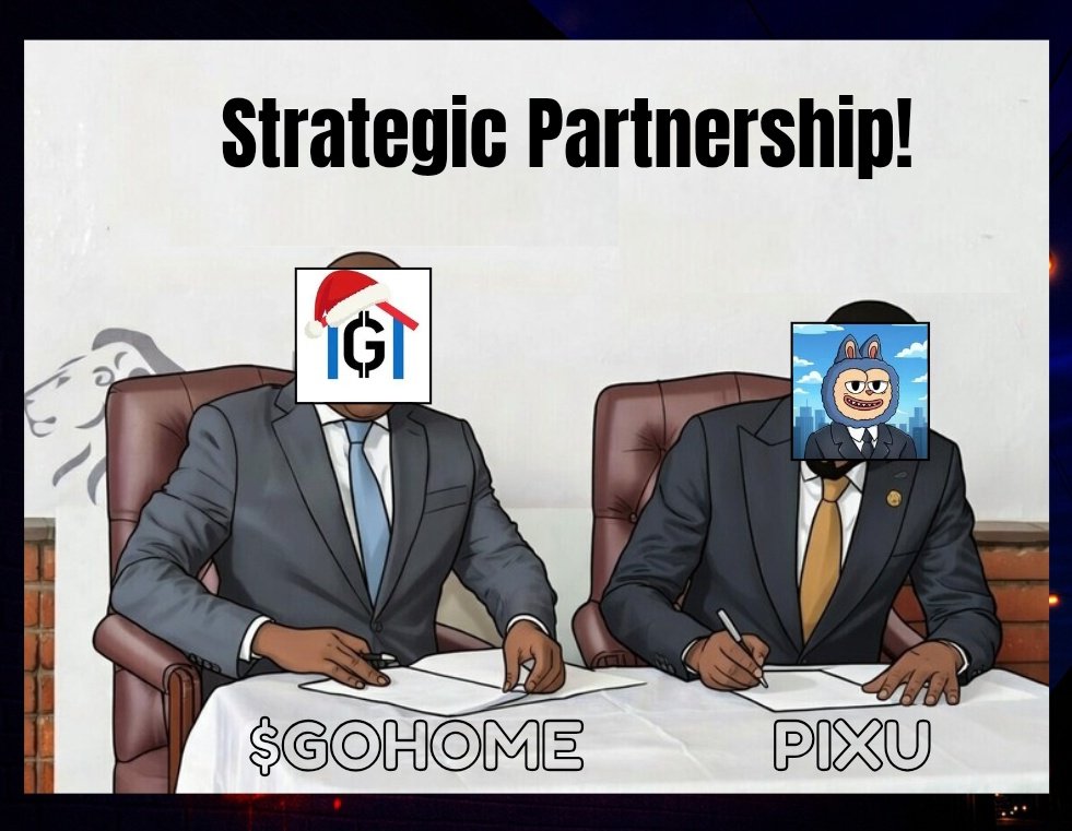 ALoss48338's tweet image. Thrilled to announce the partnership between @GoHome_Token &amp;amp; @pixu_alpha!

Two @Solana memecoins, one vibe. #GOHOME aims to flip $BTC (&amp;gt;100k), while #Pixu represents the honest trader’s grind to success.

Community-driven, conviction, chaos. More memes &amp;amp; momentum.

Just Started!