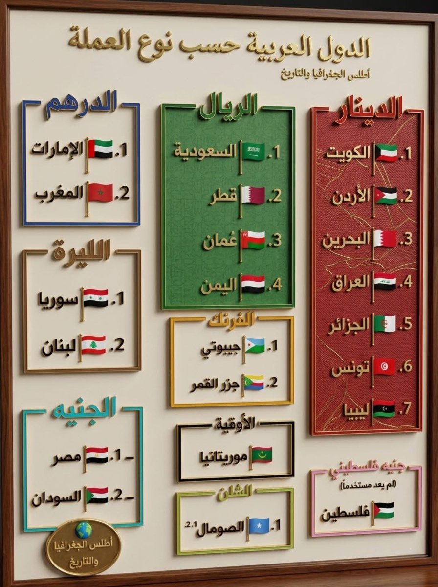 akiluno_a's tweet photo. الدول العربية حسب النوع العملة

📌 الدينار
1- الكويت 🇰🇼
2- الأردن 🇯🇴
3- البحرين 🇧🇭
4- العراق 🇮🇶
5- الجزائر 🇩🇿
6- تونس 🇹🇳
7- ليبيا 🇱🇾

📌الريال
1- السعودية 🇸🇦
2- قطر 🇶🇦
3- عُمان 🇴🇲
4- اليمن 🇾🇪

📌 الدرهم
1- الإمارات 🇦🇪
2- المغرب 🇲🇦

📌 الليرة
1- سوريا 🇸🇾
2- لبنان 🇱🇧

📌 الجنيه
1- مصر 🇪🇬
2- السودان 🇸🇩

📌 الفرنك

1- جيبوتي 🇩🇯
2- جزر القمر 🇰🇲

📌 الأوقية
1- موريتانيا 🇲🇷

📌 الشلن
1- الصومال 🇸🇴

📌 عملات تاريخية
 * فلسطين 🇵🇸 (الجنيه الفلسطيني - سابقاً)

📌 معلومة إضافية:
​تنوع جغرافي: نلاحظ أن "الدينار" هو الأكثر انتشاراً من حيث عدد الدول، ويمتد استخدامه من الخليج العربي شرقاً إلى المغرب العربي غرباً.

​الريال والدرهم: ترتبط هذه المسميات بشكل وثيق بدول الخليج العربي (باستثناء المغرب في الدرهم)، وهي من أقوى العملات من حيث القوة الشرائية عالمياً.

​وحدة المسمى واختلاف القيمة: رغم اشتراك عدة دول في مسمى "الدينار" أو "الريال"، إلا أن لكل دولة مصرفها المركزي الخاص وقيمة صرف مختلفة تماماً عن الأخرى.

#أطلس_الجغرافيا_والتاريخ #جغرافيا #تاريخ #العملة
