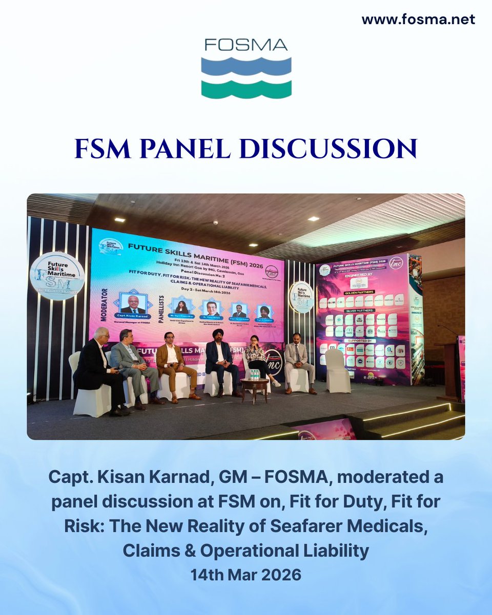 Capt. Kisan Karnad, GM – FOSMA, moderated a panel at Future Skills Maritime (FSM) on “Fit for Duty, Fit for Risk: The New Reality of Seafarer Medicals, Claims &amp; Operational Liability.” ⚓

#FOSMA #FSM #MaritimeIndustry #SeafarerWelfare