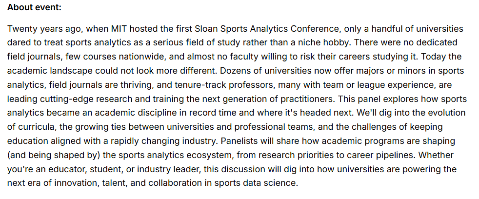 CasalsTMarti's tweet image. Great to see discussions like this at the MIT Sloan #SportsAnalytics Conference: “Building the Academic Playbook for Sports Analytics Education.”  Sports analytics is a growing academic discipline.

In the US we already see degrees in Sports Analytics.
Europe should follow.