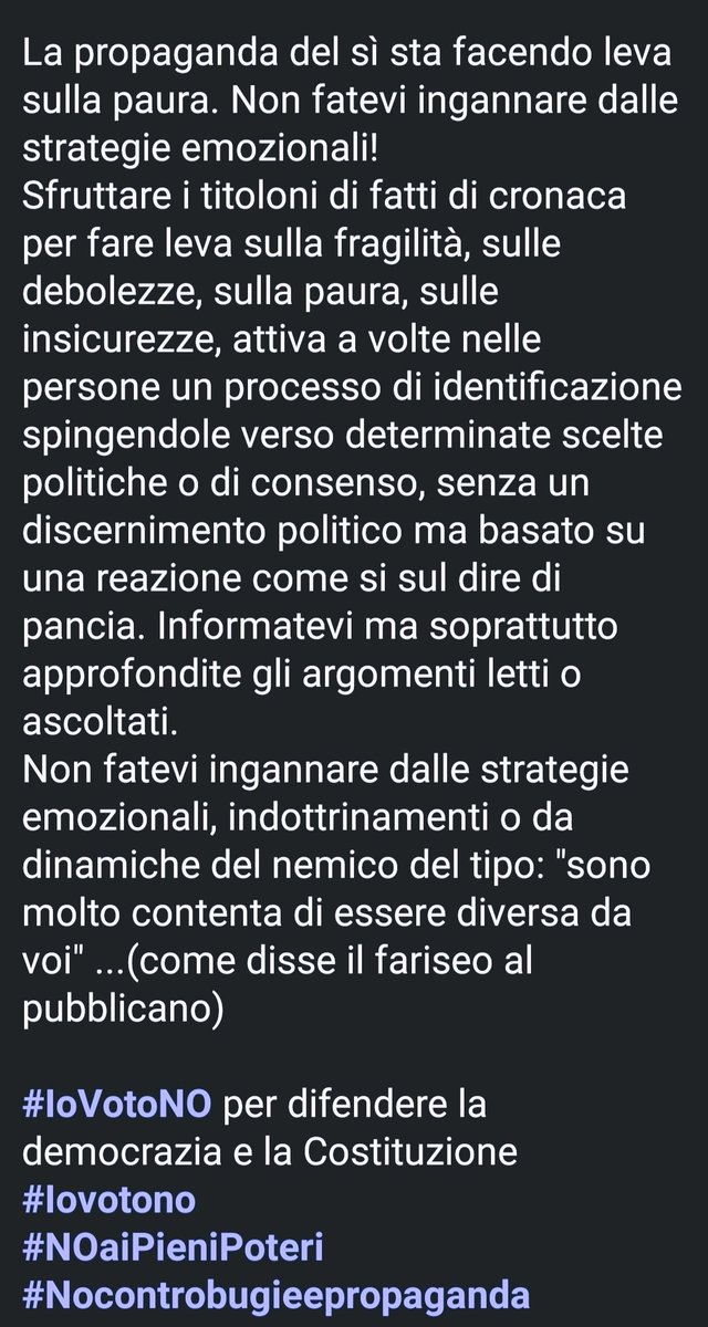 La propaganda del sì sta facendo leva sulla paura. Non fatevi ingannare dalle strategie emozionali!
#IoVotoNO per difendere la Democrazia e la Costituzione 
#Iovotono
#NOaiPieniPoteri
#Nocontrobugieepropaganda