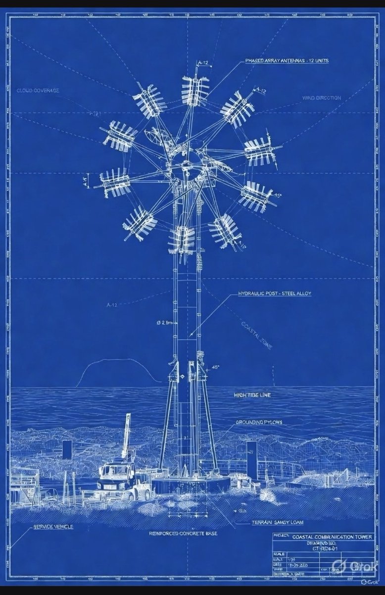 Dreneth's tweet photo. ### Modular Wind Turbine System Plan (idea only Beta, blue print education purposes only)

 - **Core Idea**: A permanent, hydraulic-extending post (like a telescoping mast) supporting multiple small, modular generators with pivoting blades in a gyroscope-like setup. Each generator is independent, allowing individual replacement without dismantling the whole system. The design emphasizes longevity (80–100+ years for the post), low maintenance costs (no cranes needed), and adaptability to variable winds via 360-degree pivoting and passive wing adjustments.
 
  - **Goals**:
   
  - Compete with large-scale turbines (e.g., 10 MW output) by stacking/scaling modules.
  
   - Reduce waste: Reuse the concrete foundation and post indefinitely.
    
 - Improve efficiency: Smaller blades capture wind from any direction; mechanical (non-electronic) adjustments for reliability.
  
   - Target Output: Aim for 5–10 kW per module; stack 3,000–4,000 for megawatt-scale (as we discussed).
  
 - **Assumptions**: Post height adjustable from 10–50 meters; modules are 2–3 meters in diameter; wind speeds of 5–15 m/s for optimal operation.

#### 2. **Key Components**

   - **Permanent Post/Base**:
   
  - Material: High-strength steel or composite alloy for durability (corrosion-resistant coating).
   
  - Foundation: Reinforced concrete pad (e.g., 5x5 meters, 2 meters deep) poured once and reused.
   
  - Height: Fixed base section (10–20 meters) with hydraulic telescoping extensions.
   
  - Features: Integrated cable conduits for power routing; grounding for lightning protection.
 
  - **Hydraulic Extension System**:
   
  - Mechanism: Hydraulic pistons (similar to those in cranes or adjustable masts) to raise/lower the upper sections.
  
   - Power Source: Electric pump (grid or solar-powered) with manual backup.
    
 - Safety: Locking pins at full extension; sensors for wind speed to auto-retract in storms (>25 m/s).

   - **Modular Generators/Blades**:
   
  - Size: 2–3 meter diameter blades, each linked to a 5–10 kW generator.
   
  - Number: 10–50 per post, stacked vertically with 1–2 meter spacing to avoid turbulence.
  
   - Design: Three-blade rotors (for stability) mounted on a gimbal/gyroscope frame for 360-degree rotation.
  
   - Pivoting Mechanism: Passive wings/fins on the housing act like weather vanes, using wind lift to auto-align blades perpendicular to flow. Mechanical gears for fine-tuning (e.g., ratchet system to lock angles).
    
 - Modularity: Quick-release mounts (bolts or clamps) for easy swap; each unit weather-sealed and burnout-resistant.
 
  - **Power Management**:
 
    - Inverters: One per module or centralized at the base.
 
    - Grid Tie: Connect to local grid or battery storage; smart controller to balance output from modules.
  
 - **Additional Features**:
  
   - Sensors: Basic anemometers and vibration monitors (mechanical if avoiding electronics).
  
   - Access: Built-in ladder rungs on the post for maintenance when lowered.