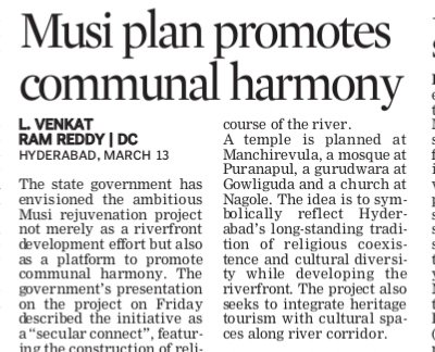 revanthannanews's tweet image. 🌟Revanth govt’s Musi plan highlights harmony
🔹 Temple, mosque, church, gurudwara along river
🔹 Project reflects Hyderabad’s unity
🔹 Riverfront to boost culture &amp;amp; tourism
@revanth_anumula #Telangana #MusiProject #Hyderabad