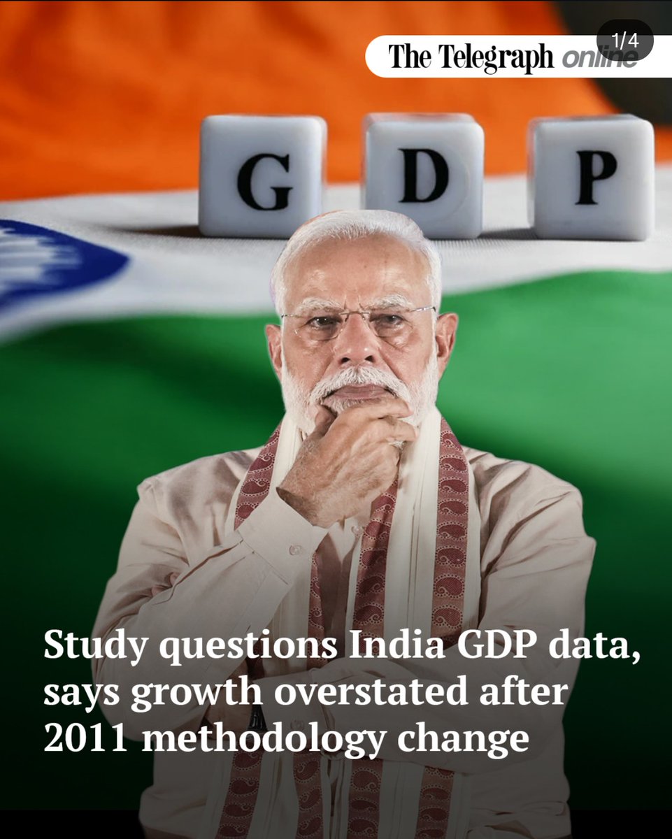 tanmoyofc's tweet photo. FAKE GDP EXPOSED🔥
India's "7.9% Miracle" is a TOTAL STATISTICAL SCAM!
A New Study just Dropped (The Telegraph, 13 March 2026) — and It Proves The Official Numbers Have Been Massively Overstated Since The 2011 Methodology Change.
"Distortions Changed Narrative" — No Kidding!
• 𝟐𝟎𝟎𝟓–𝟏𝟏 → 𝐎𝐟𝐟𝐢𝐜𝐢𝐚𝐥 𝟔.𝟗% → 𝐔𝐍𝐃𝐄𝐑𝐄𝐒𝐓𝐈𝐌𝐀𝐓𝐄𝐃 (𝐫𝐞𝐚𝐥 𝐛𝐨𝐨𝐦 𝐰𝐚𝐬 𝐛𝐢𝐠𝐠𝐞𝐫)
• 𝟐𝟎𝟏𝟐–𝟏𝟗 → 𝐎𝐟𝐟𝐢𝐜𝐢𝐚𝐥 𝟔.𝟔% → 𝐎𝐕𝐄𝐑𝐄𝐒𝐓𝐈𝐌𝐀𝐓𝐄𝐃
• 𝟐𝟎𝟐𝟎–𝟐𝟐 → 𝐎𝐟𝐟𝐢𝐜𝐢𝐚𝐥 𝟑.𝟖% → 𝐔𝐍𝐃𝐄𝐑𝐄𝐒𝐓𝐈𝐌𝐀𝐓𝐄𝐃
• 𝟐𝟎𝟐𝟑–𝐒𝐞𝐩𝐭 '𝟐𝟓 → 𝐎𝐟𝐟𝐢𝐜𝐢𝐚𝐥 𝟕.𝟗% → 𝐎𝐕𝐄𝐑𝐄𝐒𝐓𝐈𝐌𝐀𝐓𝐄𝐃 🔥
🔴 𝐏𝐨𝐬𝐭-𝟐𝟎𝟏𝟏 𝐑𝐞𝐚𝐥 𝐆𝐫𝐨𝐰𝐭𝐡? 𝐉𝐮𝐬𝐭 𝟒–𝟒.𝟓% — 𝐧𝐨𝐭 𝐭𝐡𝐞 𝐡𝐲𝐩𝐞𝐝 𝟔–𝟕%+ 𝐅𝐚𝐢𝐫𝐲 𝐓𝐚𝐥𝐞.
Why?
Flawed 2015 National Accounts Used Formal Sector Data As Proxy For The Crushed Informal Economy (Hit By Demonetisation, GST & COVID) + Dodgy Commodity-based Deflators.
The Entire "Viksit Bharat" Growth Story? Built on Fake Numbers.
#ModiHaiToMumkinHai #Irán #LPGGasCrisis #Epstein