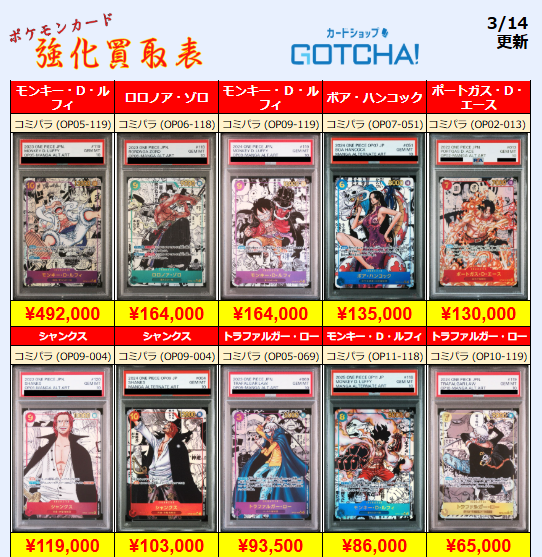 3/14更新 🏴‍☠️🔥【ワンピPSA強化買取表①】🔥🏴‍☠️ 💥【PSA10