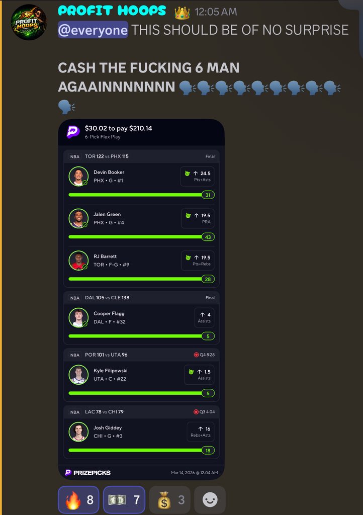 ProfitHoops's tweet photo. I cash every single day completely free on PrizePicks in our discord. I ask absolutely nothing of you. Join the damn discord and start cashing with us 🔥🔥🔥 https://t.co/REwLf4inPY I give easy cash goblin props and reg lines when they’re nukes. All my plays are extremely safe! https://t.co/4GCDTRqnlM