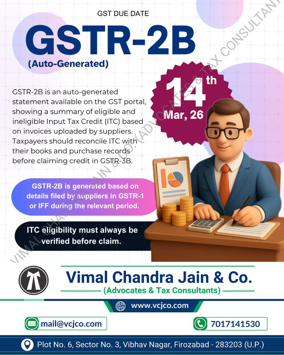 vcj_co's tweet photo. GSTR-2B is auto generated based on details filed by suppliers in GSTR-1 or IFF during the relevant period.
#GSTR2B #ITC #IFF #GSTR1 #mathura #vrindavan #jalesar #kotla #dholpura #bharatpur #fariha #jasrana #sirsaganj #etah #auraiya #etawah #kanpur #tundla #vcjco #firozabad #agra #shikohabad #itr #incometaxreturn #refund #gst #gstr #gstregistration #tax #taxation