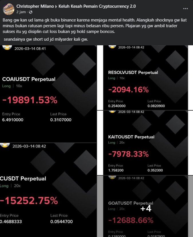 keluhkesacrypto's tweet photo. Ada keluhan dari member bernama Christopher Milano, endingnya malah berandai-andai wkwkwk

Dia ngaku klo udah lama nggak buka Binance untuk menjaga kesehatan mentalnya, eh sekalinya buka makin rusak pasti tuh mentalnya

Klo dari pict yang dia kirim dia minus paling kecil 2094% dan paling besar 19.891% gila nggak tuh