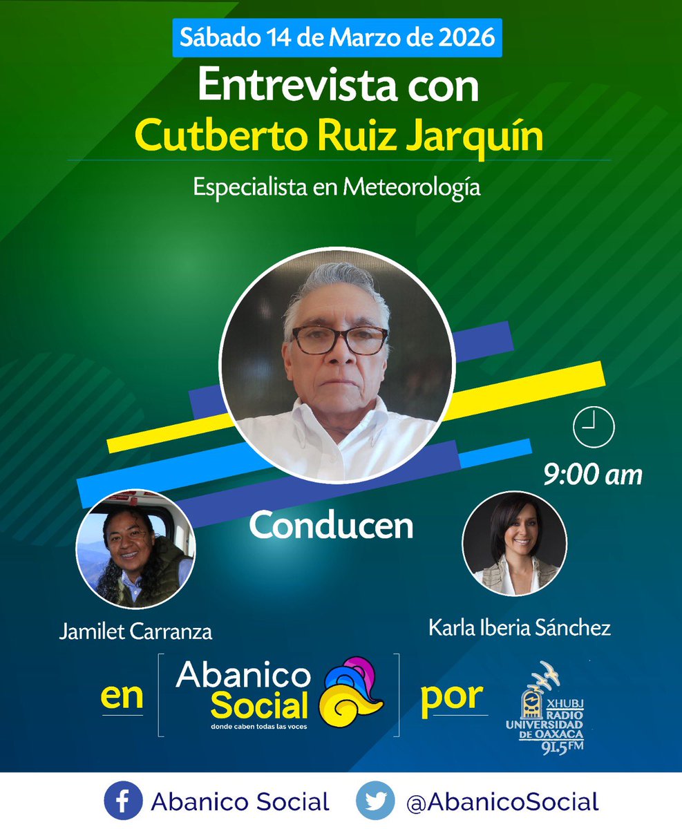 Este sábado en <a href="/AbanicoSocial/">Abanico Social</a> nos acompañará el especialista en Meteorología, Cutberto Ruiz Jarquín. Conversaremos sobre el intenso #Calor que ya se presenta en algunas zonas del territorio mexicano.