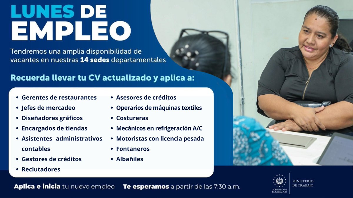 PrensaMiTrabajo's tweet photo. ¡HOY es #LunesDeEmpleo! 🇸🇻

Consulta el directorio de nuestras oficinas y acércate para aplicar a las oportunidades de empleo disponibles: https://t.co/EhdI1m91BH https://t.co/oSLVVpyoSz