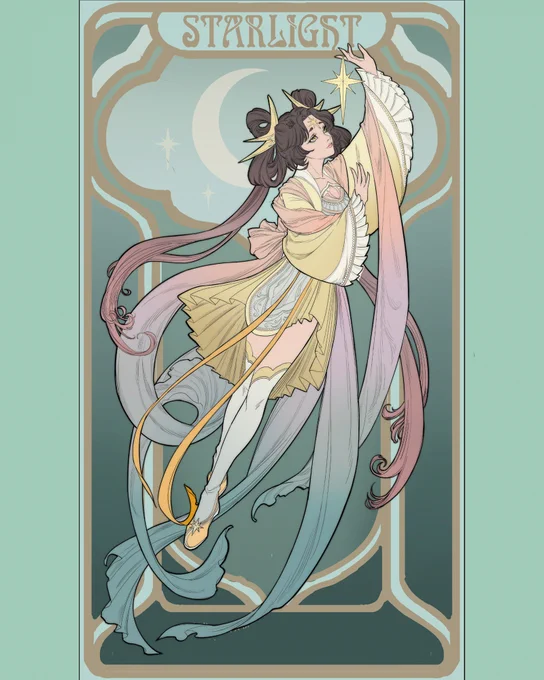 Process of designing Starlight, lots of back and forth with the pose, palette, frame. And can you tell I'm a Sailormoon fan? Character design for my upcoming social deduction game Trial of Lotus.