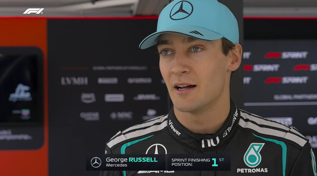 George Russell speaking with the media after winning the Sprint Race. Q ...