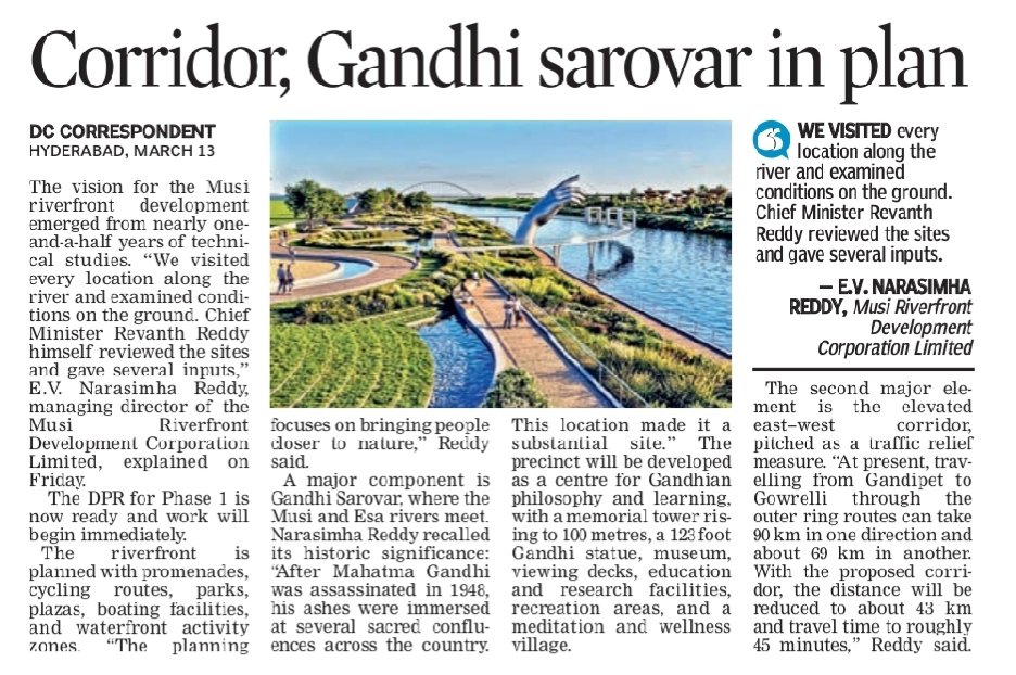 revanthannanews's tweet image. 🔔Musi riverfront to feature Gandhi Sarovar
🔹Phase-1 DPR ready after detailed technical studies
🔹Plan includes parks, promenades, cycling tracks &amp;amp; boating
🔹 #GandhiSarovar memorial precinct proposed at river confluence
@revanth_anumula
#MusiProject #Telangana #UrbanDevelopment