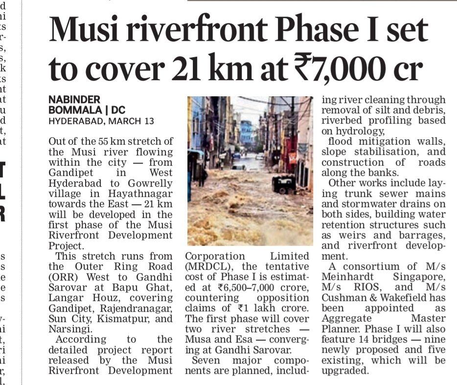 revanthannanews's tweet image. 🌟Musi Riverfront Phase-I to cover 21 km
🔹 First phase from ORR West to Bapu Ghat
🔹 Project cost estimated at ₹6,500–7,000 crore
🔹 Works include river cleaning, flood walls &amp;amp; 14 bridges
@revanth_anumula
#MusiProject #Hyderabad #Telangana #UrbanDevelopment