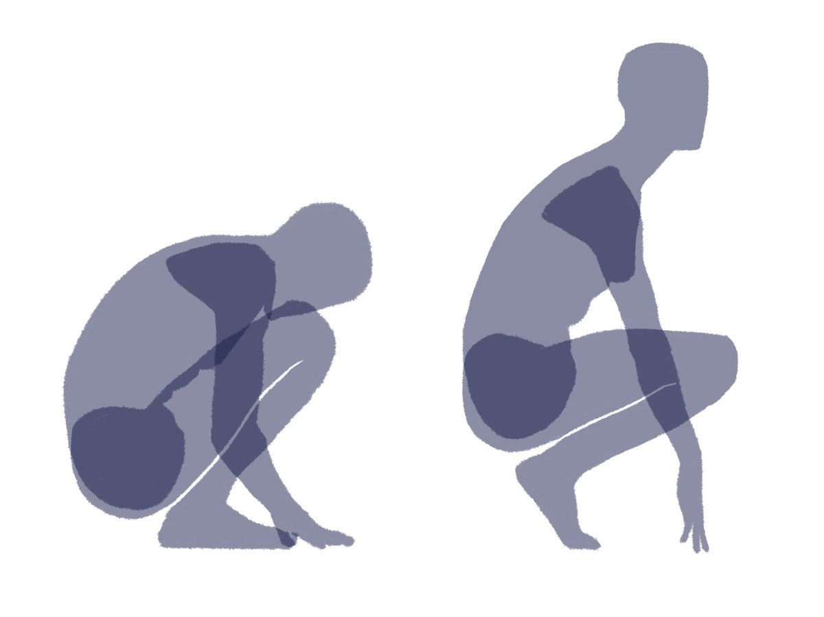 しゃがんで爪先立ちになるとお腹と太ももが離れます。