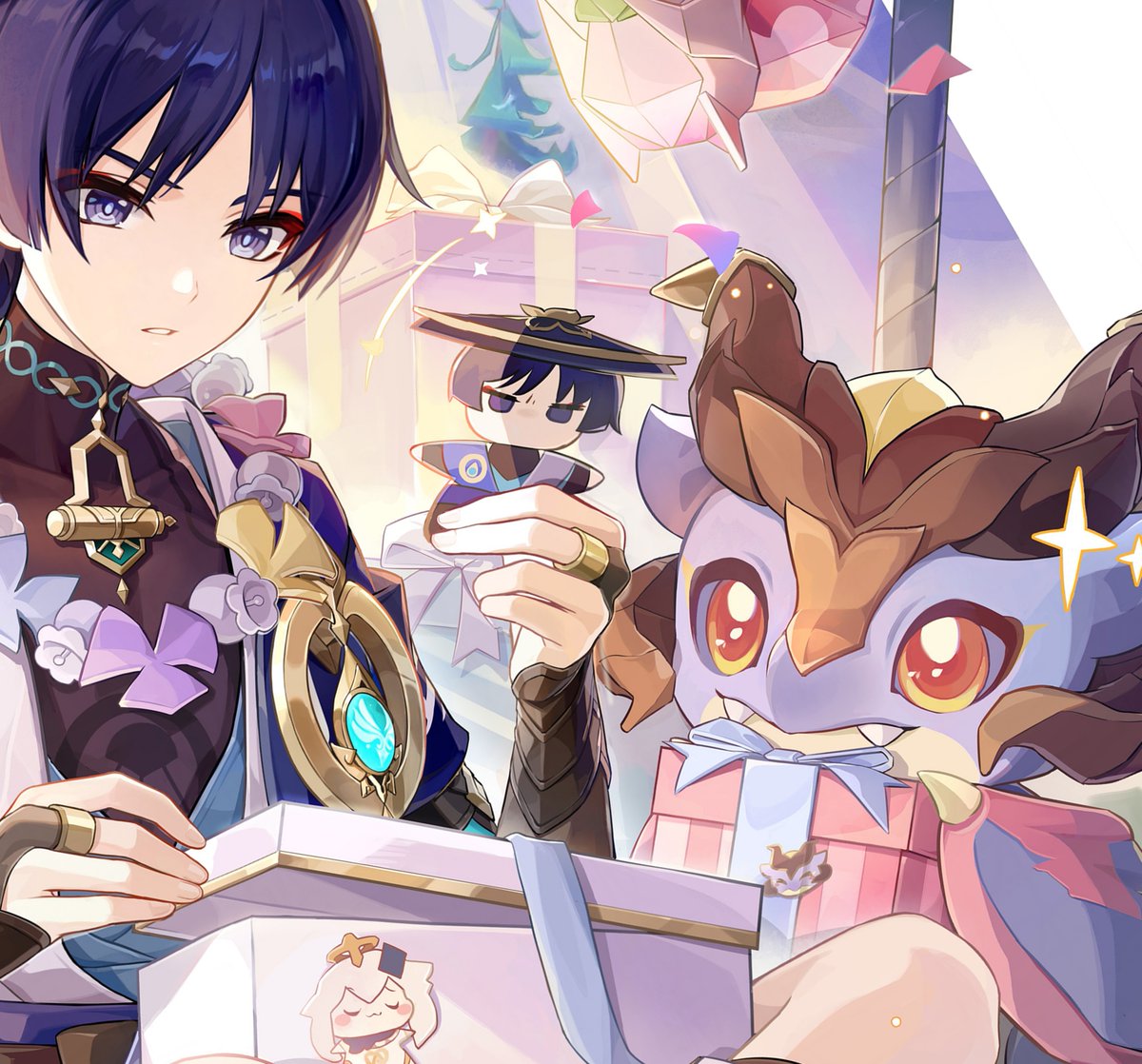 MeiruMoon's tweet photo. Que hermoso detalle que en el arte de cumpleaños de Scara vemos a Durin darle un regalo y ahora en el arte de cumpleaños de Durin es Scara quien se lo da 🥹 https://t.co/kzfAbFUW43