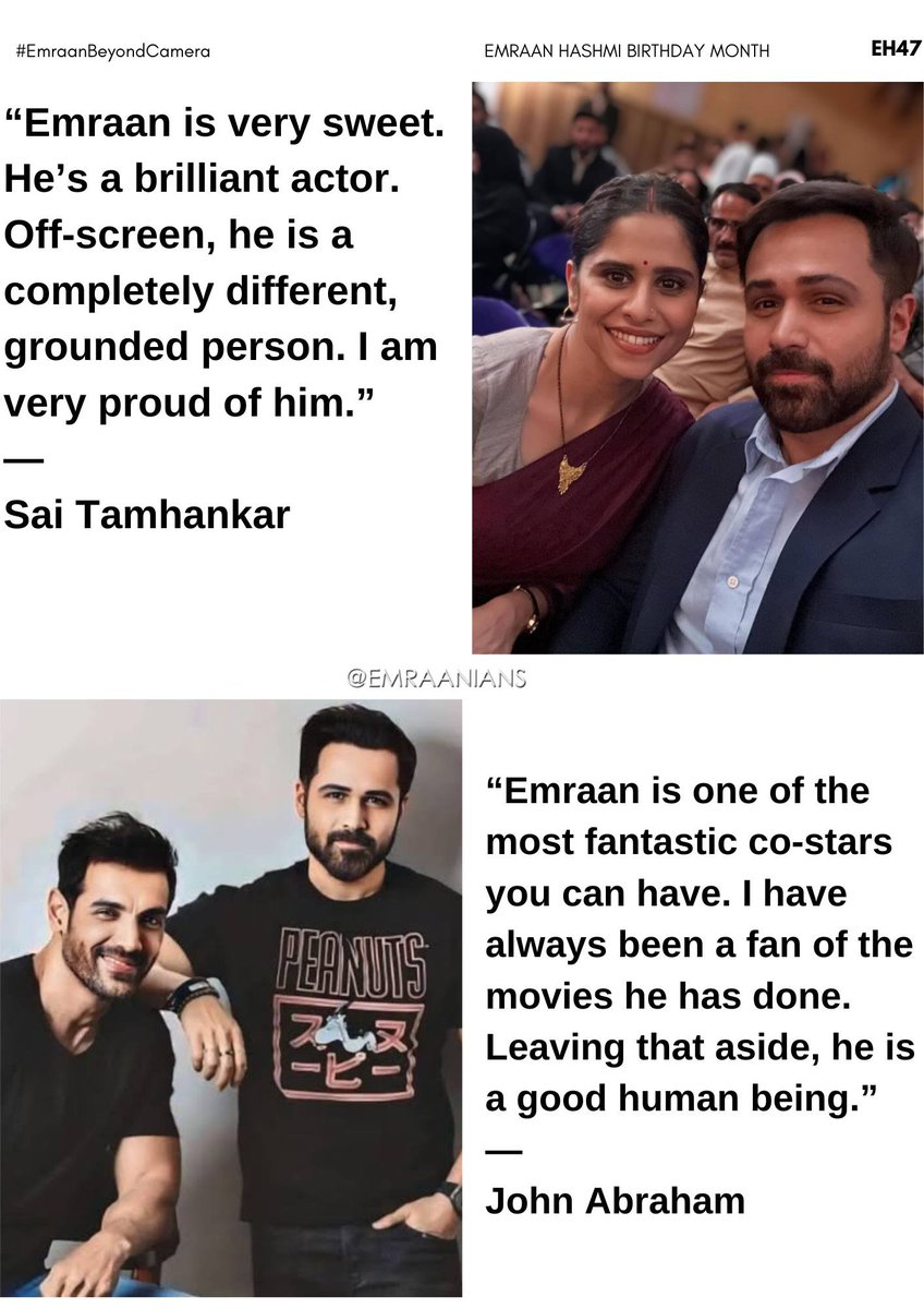 Emraanians's tweet photo. Beyond the camera, as seen through those whoโve shared the screen with him. ๐ค
@emraanhashmi
#SaieTamhankar @TheJohnAbraham
#EmraanBeyondCamera #EH47
Emraan Hashmi Birthday Month
#EmraanHashmi https://t.co/OdMZnynMCU