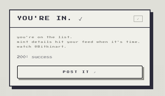 Dadadu_23's tweet photo. just got GTD on @Bitkinart runner.

see you at mint — https://t.co/sdfp24qZS3 https://t.co/l1im25ZOLm