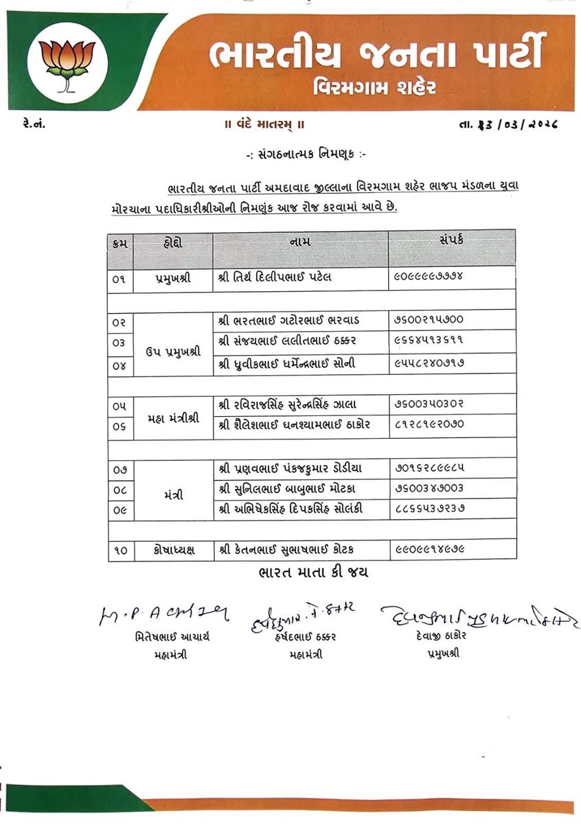 🪷💐વિરમગામ યુવા મોરચા ના નવનિયુક્ત હોદેદારશ્રીઓને હાર્દિક અભિનંદન 💐🪷
#bjymahmedabad #Bjymgujarat