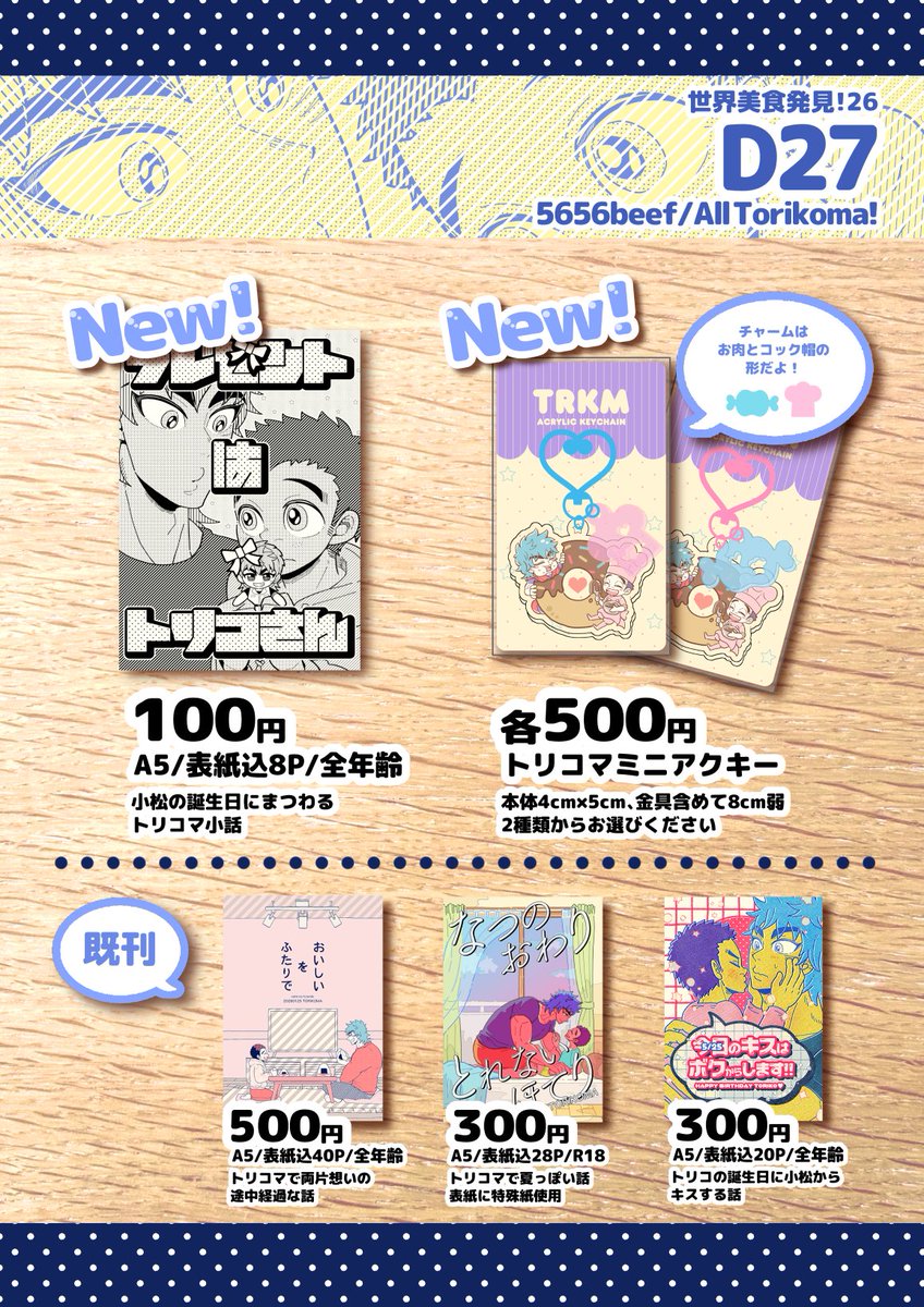 明日の美食よろしくお願いします！スペース「D27」にいまーす！新刊とグッズあります🥳グッズのアクキーはパッケージしてないサンプルも展示しますので、ぜひお手に取って見てください🙌