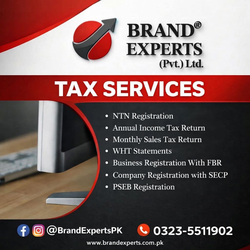 BrandExpertsPK's tweet photo. 🚀 **Start Your Business &amp; Stay Tax Compliant with Brand Experts (Pvt.) Ltd.

✅ NTN Registration
✅ Annual Income Tax Return
✅ Monthly Sales Tax Return
✅ WHT Statements
✅ Business Reg with FBR
✅ Company Reg with SECP
✅ PSEB Registration

📞 **Contact:** 0323-5511902 https://t.co/r1DqVYlUJ4