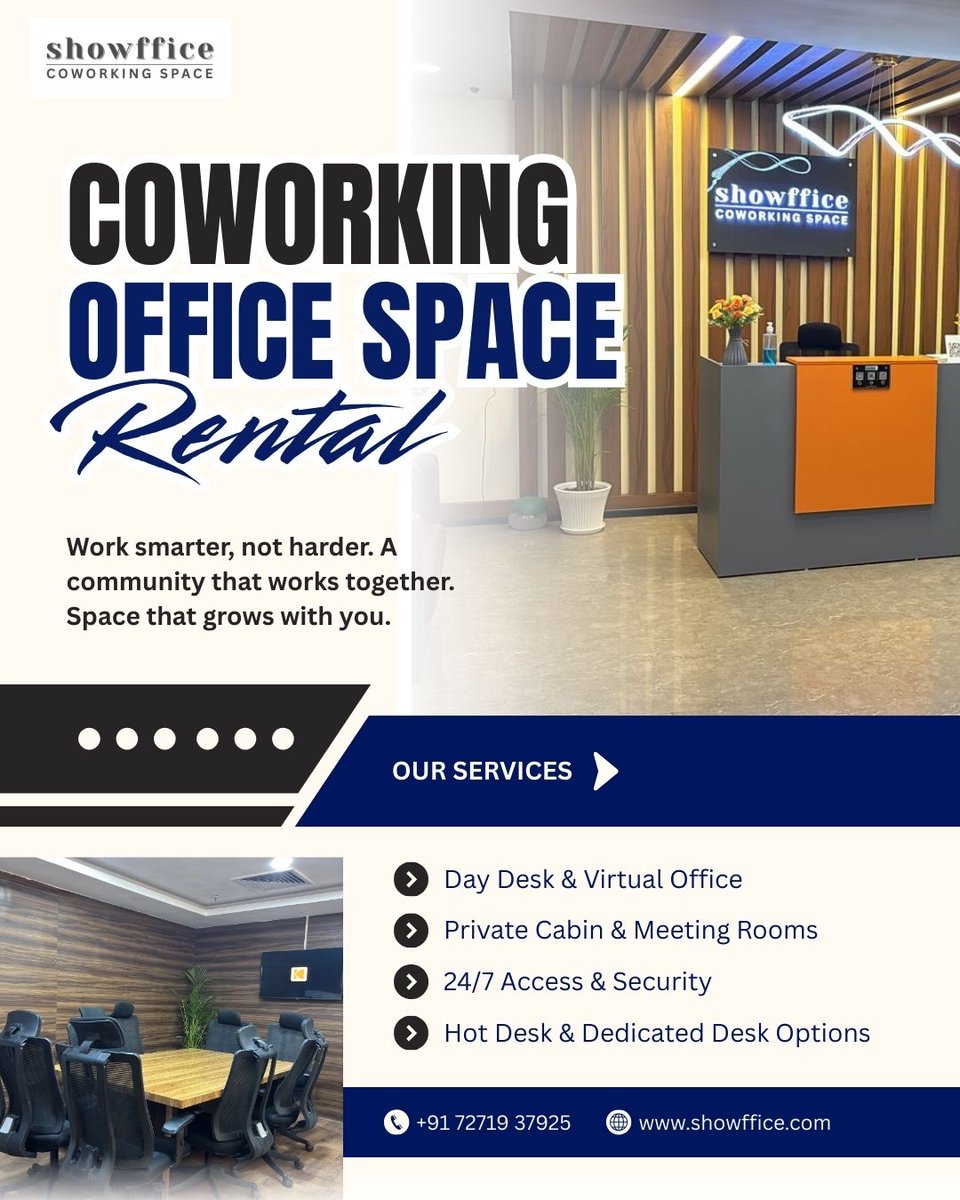 showffice's tweet photo. Work smarter, not harder at Showffice Coworking Space.

1. Day Desk &amp; Virtual Office
2. Private Cabins &amp; Meeting Rooms
3. 24/7 Access &amp; Security
4. Hot Desk &amp; Dedicated Desks

Website: https://t.co/9abe6KCxFT
Call at: +91 72719 37925

#CoworkingSpace #StartupLife #Showffice https://t.co/O6NH0qD2hm