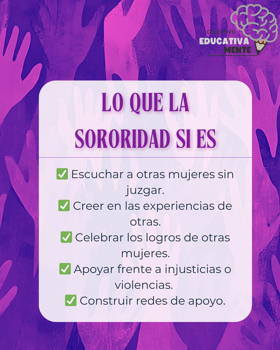 educativamente8's tweet photo. La sororidad propone algo distinto, reconocer que podemos relacionarnos desde el respeto, la empatía y el apoyo.🙌🏻💜
#sororidad #feminismo
#Psicología #maestra https://t.co/a3mxcU8xx0