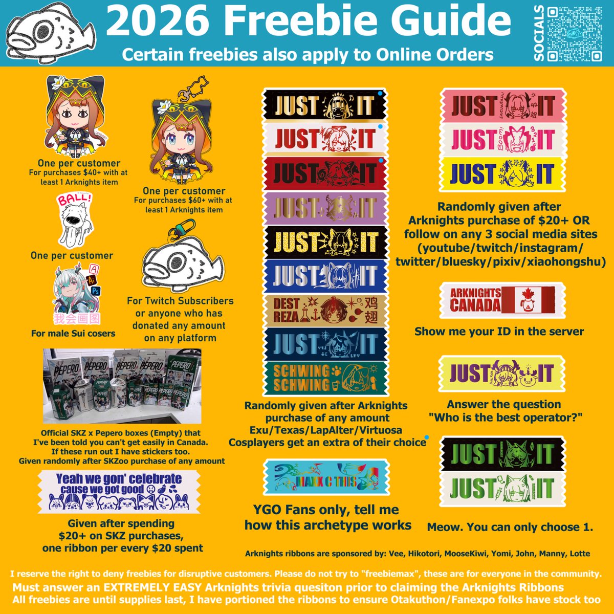 Veedraws's tweet photo. 2026 Convention Freebie Guide

Some freebies are also available for online orders (such as the SKZ Karma ribbon).

Please let me know if there are questions.

#Arknights #Skzoo #StrayKids #YGO https://t.co/2AXOBh7TY6