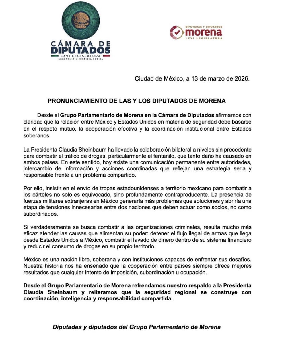 GabyJimenezMX's tweet photo. México es una nación libre y soberana. 🇲🇽

Desde el Grupo Parlamentario de Morena reafirmamos que la relación con Estados Unidos debe basarse en respeto, cooperación y coordinación entre Estados soberanos, no en la presencia de tropas extranjeras.

Respaldamos a la presidenta @Claudiashein y apostamos por la inteligencia, la coordinación y la responsabilidad compartida para construir seguridad regional.

#Soberanía #Morena #4T #CooperacionSiSubordinacionNo