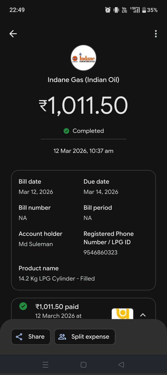 Nsrpewz's tweet photo. Very disappointed with this experience. I made a payment of ₹1,011.50 through Google Pay on 12 March 2026 to book an Indane LPG cylinder, but I have not received any booking confirmation or DSC number yet.
The payment is showing as completed,
@GooglePayIndia  @IndianOilcl https://t.co/OqTFFTjQvw