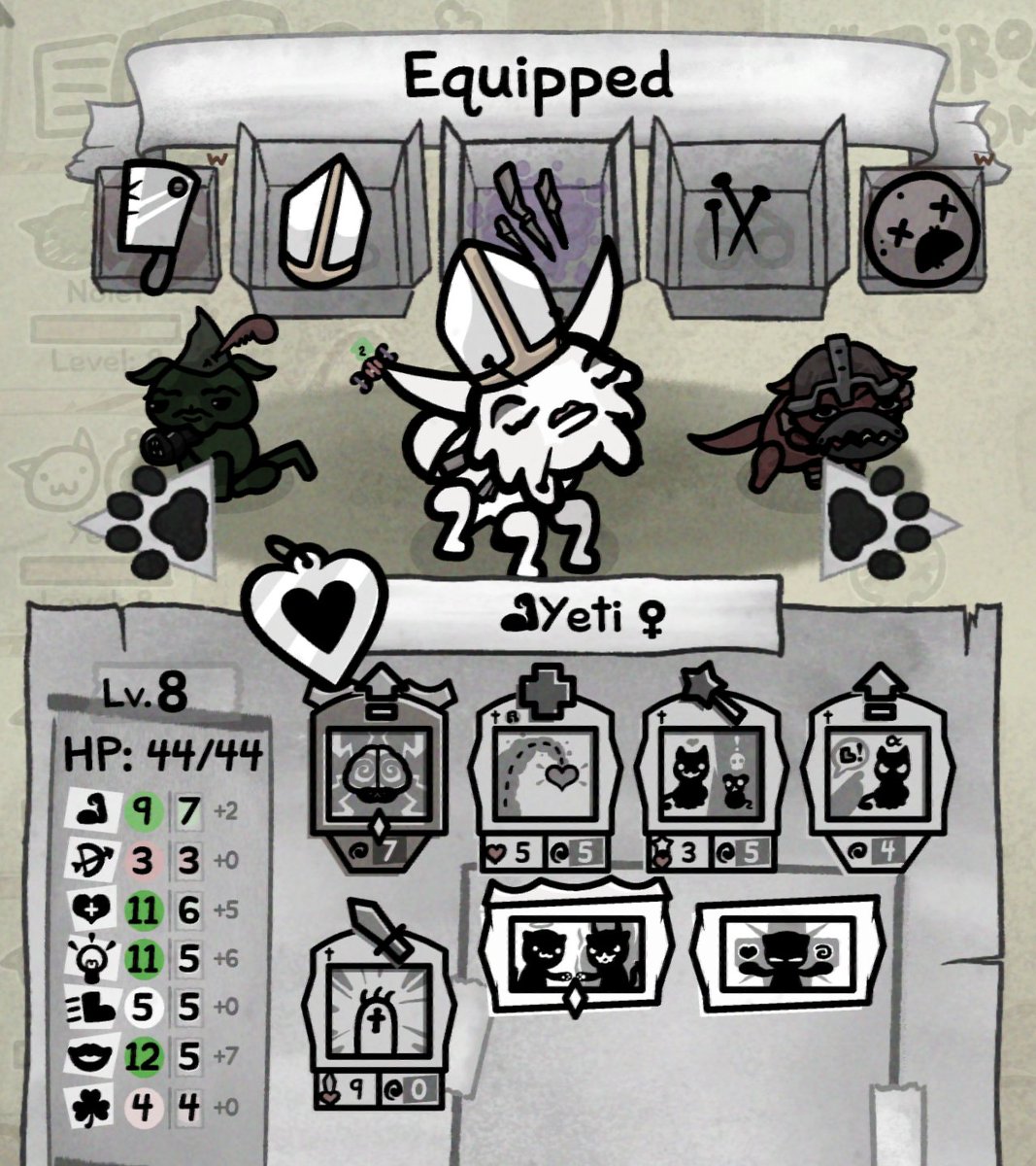 God, I love #Mewgenics - some of the builds you can do in this game are fucking ridiculous. This was basically a solo run with three decoy cats drawing aggro for two turns before Pope Yeti stomped around obliterating everything.

Evil Patron+, Brainstorm+, Healing Word, 11INT.