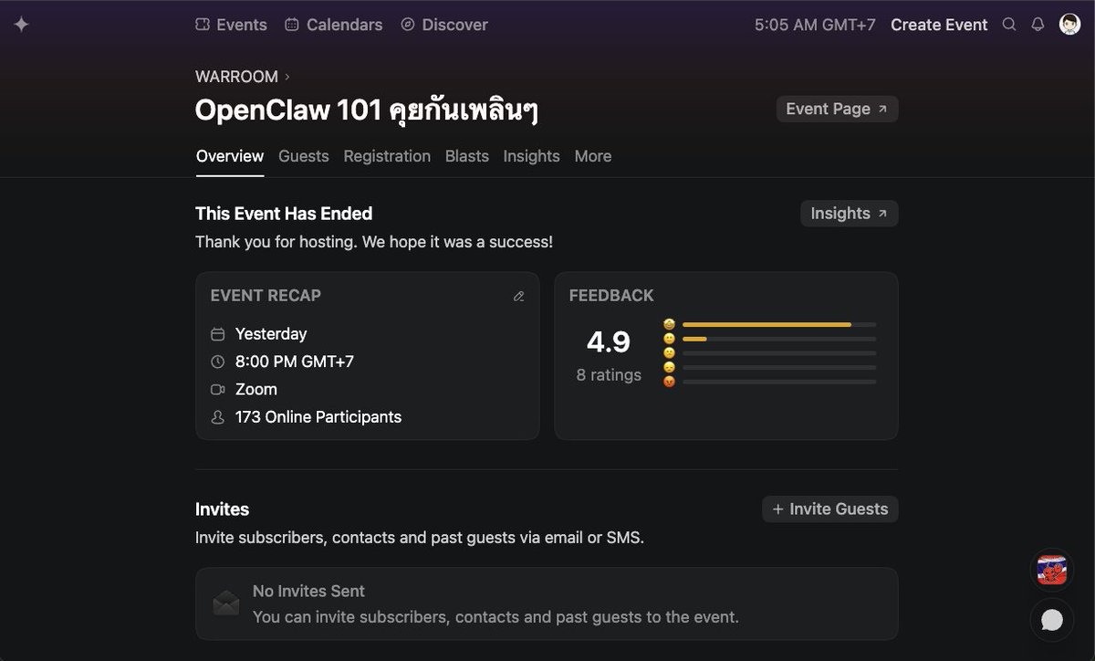 OpenClaw 101 + Demo "สร้างน้องกุ้งไปหาเงิน!" 💰🤑

เป็นวงคุยที่มีคนมากันคึกคักขึ้นเรื่อยๆทุกครั้ง
เมื่อคืนมามีคนเข้าร่วม 173 คน

ช่วงที่ฮือฮาที่สุดคือ ตอนคุณ <a href="/blackshark0x/">BlackShark no ZAMA .base</a>  แชร์และสาธิตการใช้ OpenClaw ช่วยสร้าง Shopee Affiliate แบบไม่คิดอะไรตอนแรก แต่โพสต์เดียวทำยอดขาย 3-4 แสนบาท