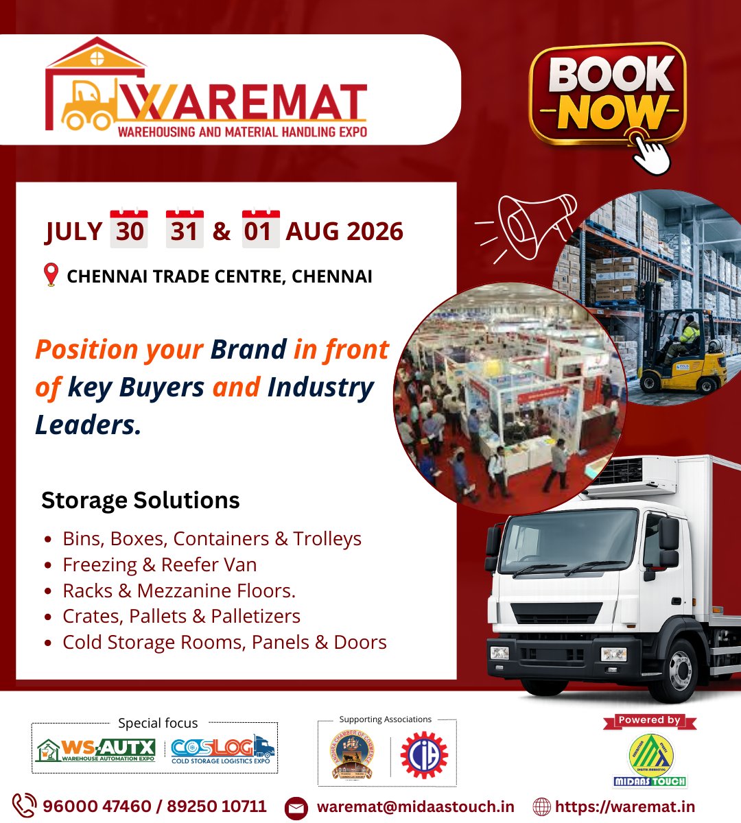 🚨 Exhibit at WAREMAT – Warehousing and Material Handling Expo 2026

   July 30–31 &amp; Aug 1, 2026
📍 Chennai Trade Centre
Showcase:
📦 Storage Solutions
🏗 Warehouse Racks
❄ Cold Storage Systems

📞 96000 47460
🌐 waremat.in
#WAREMAT #Logistics