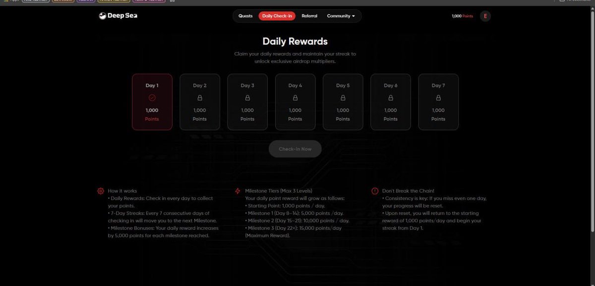 Cryptoxbharat's tweet photo. 🚨 Confirmed Airdrop Alert – Potential $200–$5000

New zero-cost airdrop just launched and early users are farming points already. 👀

The @Deepseaio_ airdrop rewards early participants with DEEP tokens for completing tasks and using the platform.

💰 Cost: $0
⏱ Time: ~5 minutes
🎁 Potential: $200 – $5000

---

🧵 Step-by-Step Guide

1️⃣ Go to:
🔗 https://t.co/Jo5UOzCbrL
• Refer Code :- 17qQk3QljF

2️⃣ Sign up with Email or Google

3️⃣ Go to QUEST section
• Complete Welcome Quest
• Telegram Quest
• X Quest

4️⃣ Go to DAILY Check-in
• Claim daily bonus points
• Don’t miss a day

5️⃣ Connect your EVM wallet

6️⃣ Want more points?
• Copy your referral link
• Invite friends

---

⚠️ Pro Tip:
Early users usually get the largest allocation, so start farming points before it becomes crowded.

Let’s farm together. 🪂🔥