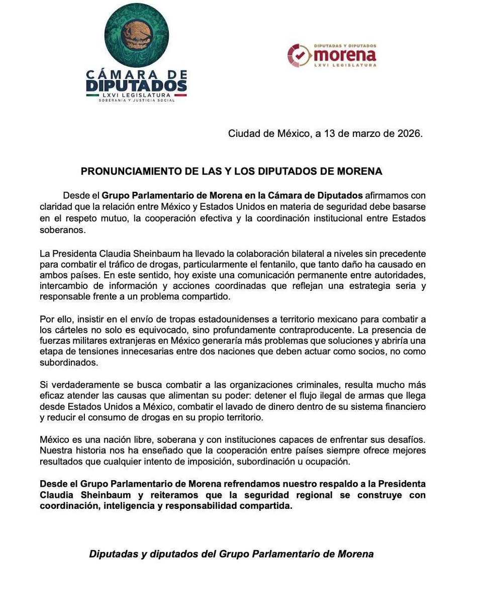 El Grupo Parlamentario de Morena respalda a la Presidenta <a href="/Claudiashein/">Claudia Sheinbaum Pardo</a> en la defensa de la soberanía de México. 🇲🇽

La seguridad se construye con cooperación y respeto entre naciones, no con intervención.