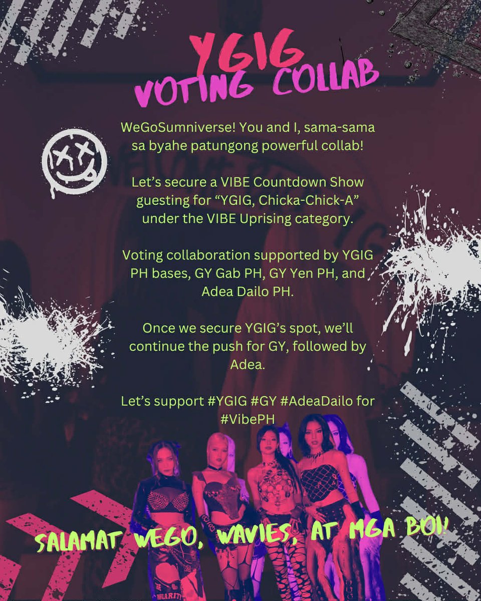 Wazzup, mga boi!

Tulong tulong tayo papuntang Vibe PH!
YGIG muna otw sa main vibe
tapos GY naman at si Adea.
Okay ba yon?

#GY <a href="/gyowboi/">GY</a> #VibePH