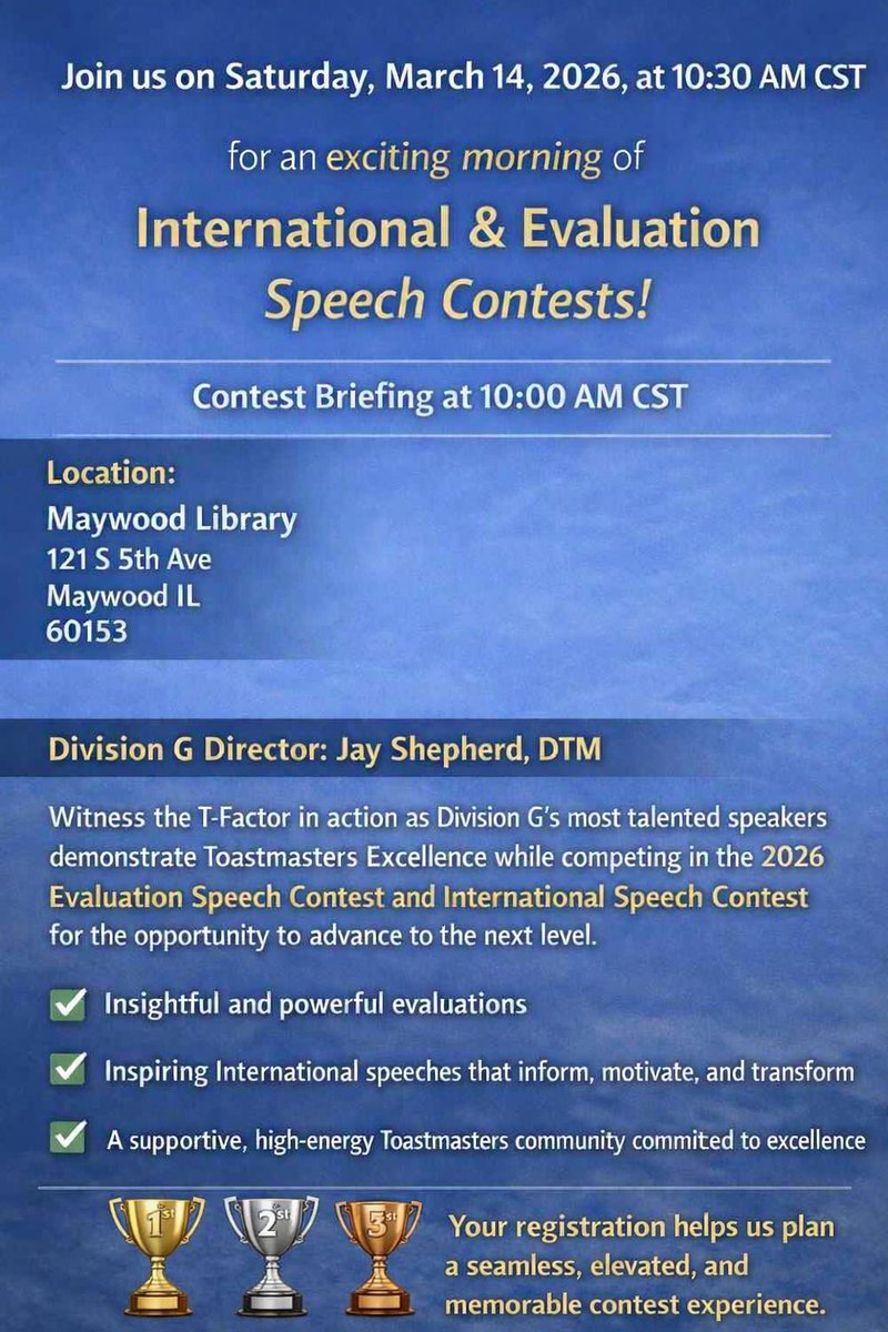 🎤 Toastmasters Contest Morning – Tomorrow!
📅 Sat, Mar 14 |10:30 AM CST
📍 Maywood Library, IL Register: forms.gle/976cxd9GhkR7Si… 
Watch Division G’s top speakers compete in Evaluation &amp; International Speech Contests—winners advance to District level! #Toastmasters