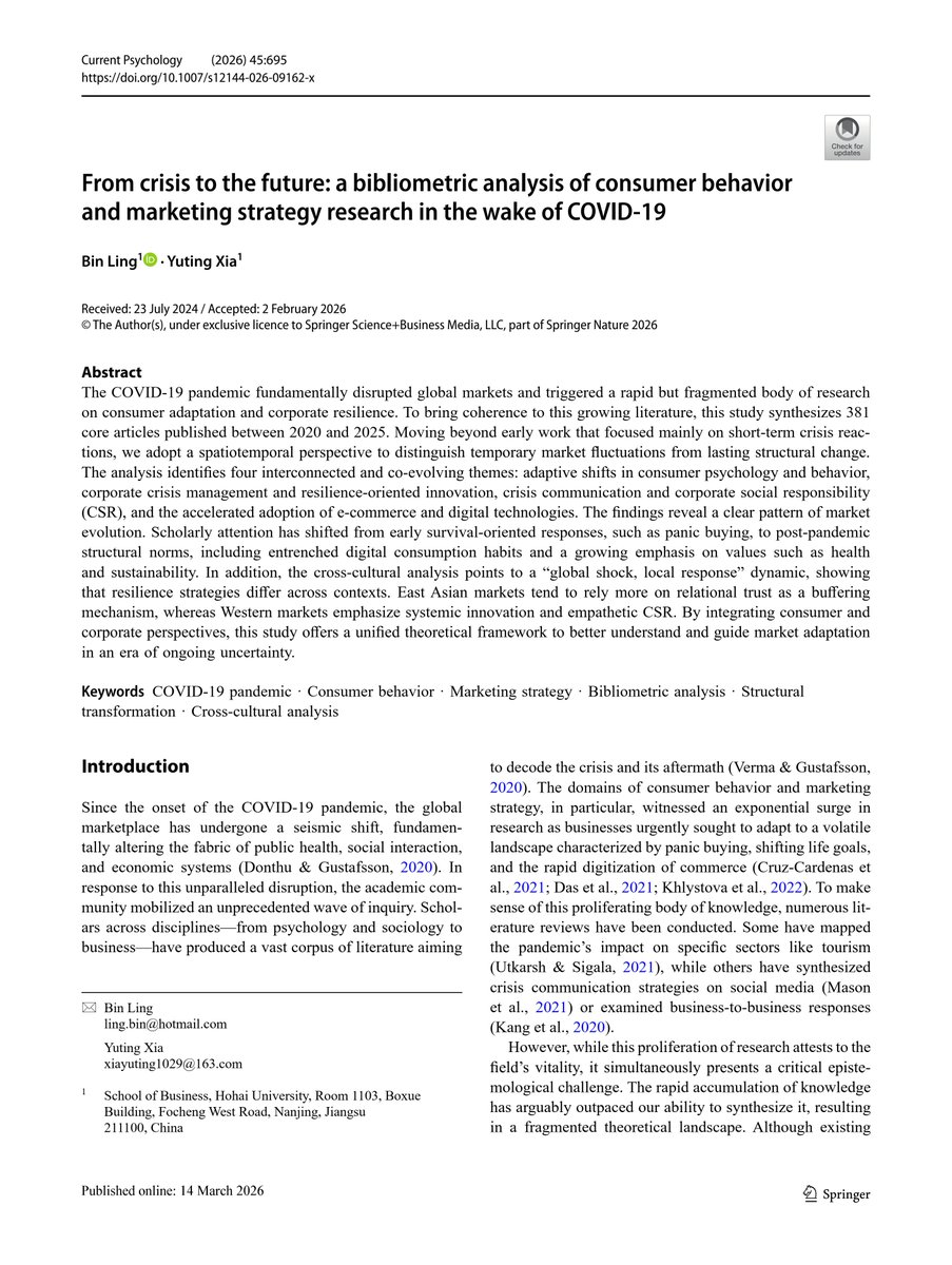 bin_psy's tweet photo. a new research about COVID-19: From crisis to the future: a bibliometric analysis of consumer behavior and marketing strategy research in the wake of COVID-19
https://t.co/SpwxIhYaxQ https://t.co/k273ZpNVJm