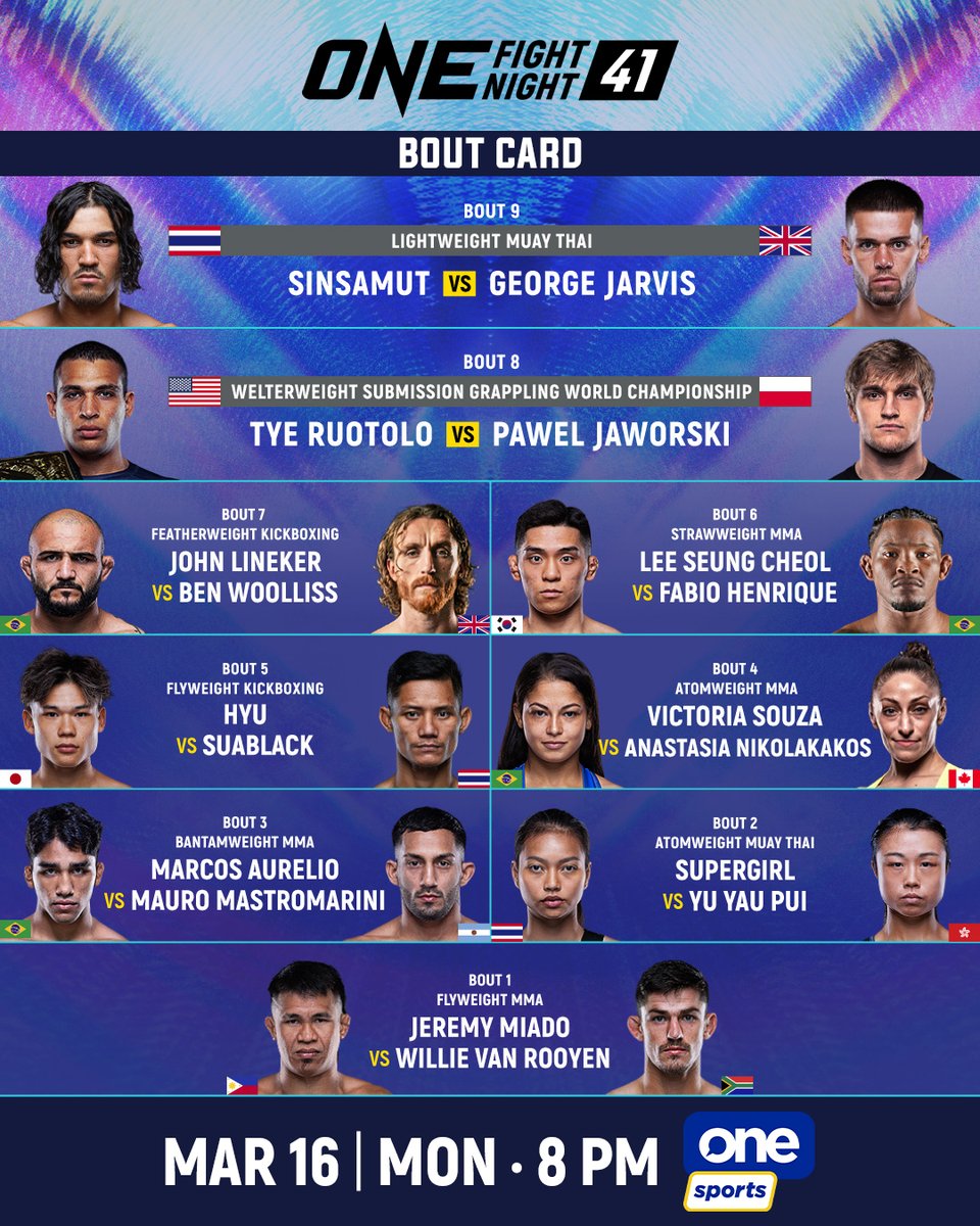 OneSportsPHL's tweet photo. MONDAY SLUGFEST ⚔️

Expect fireworks as an explosive showdown awaits on ONE Fight Night 41 this Monday at 8:00 p.m. on One Sports.

#OFN41 #ONEChampionship https://t.co/vE1JZmMlo1