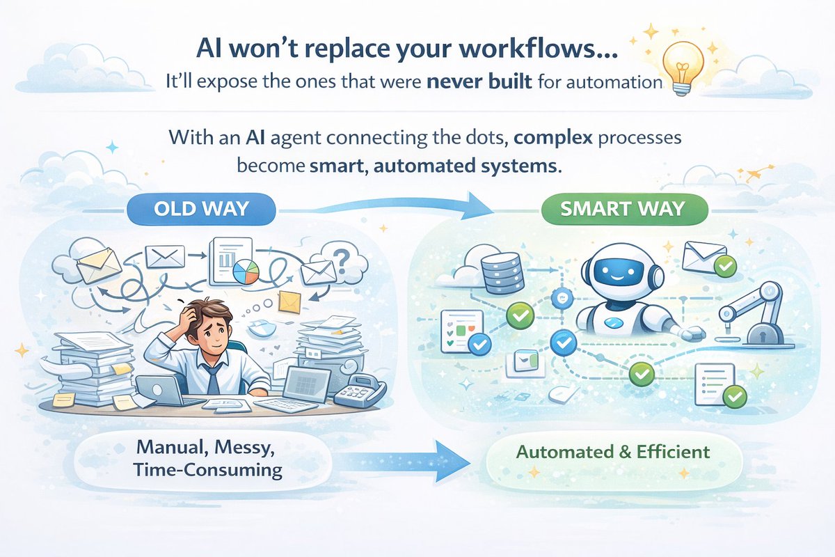nuwankaman's tweet photo. AI agents won’t replace enterprise workflows.

They’ll expose which workflows were never designed for automation in the first place.

Once an agent can read data, call tools, and trigger actions, your workflow design becomes a control system.
Not just a process map. https://t.co/OKDoBrQWF1