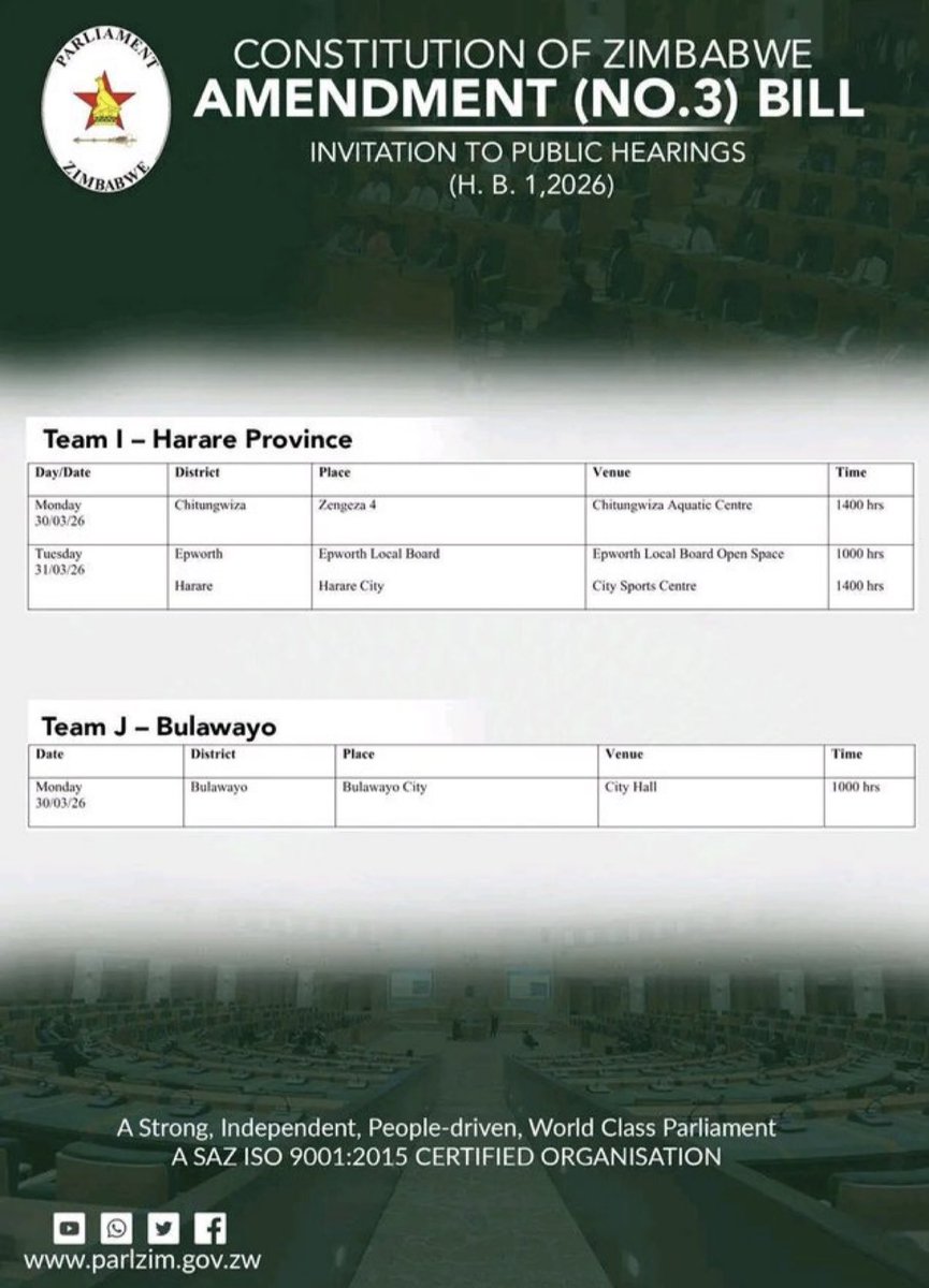DavidColtart's tweet image. The whole of #Bulawayo, a City of 700,000 people, has been given only one time &amp;amp; venue to be consulted regarding Constitutional Amendment Bill 3 at 10am on Monday 30th March at City Hall.

Whilst it is ridiculous that only one opportunity has been provided note this time &amp;amp; date.